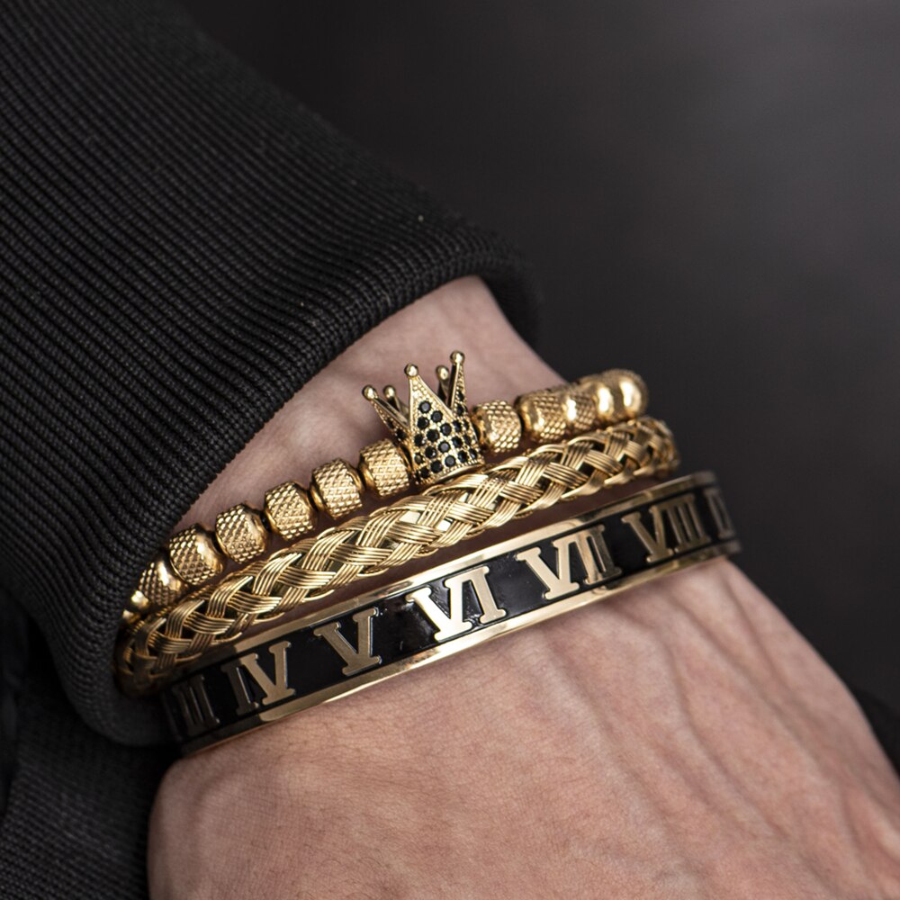 Roman men's bracelet, men's bracelet - 3pcs/Set Crown Handmade Men Bracelet  Roman Numeral Hemp Rope Buckle Open s Jewelry (Gold Crown set)