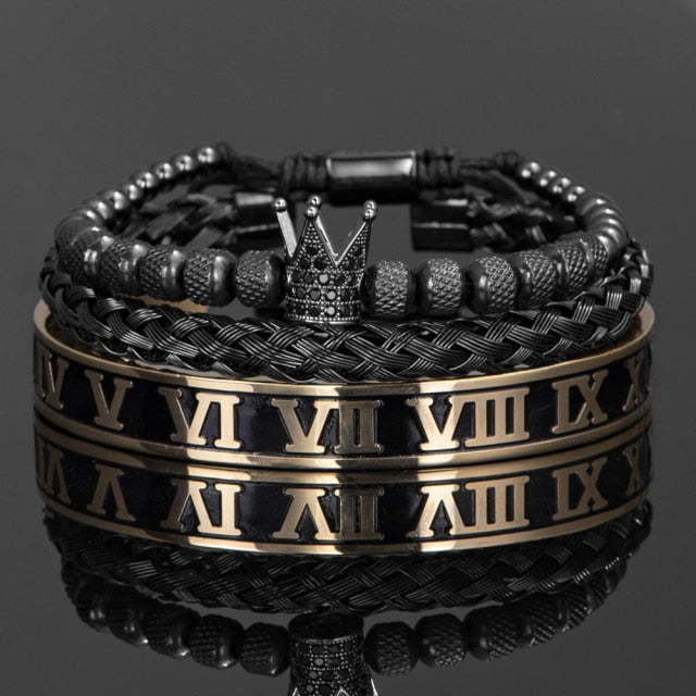 Luxury Mens Stainless Steel Crown Bracelet Set in Black – Heluix